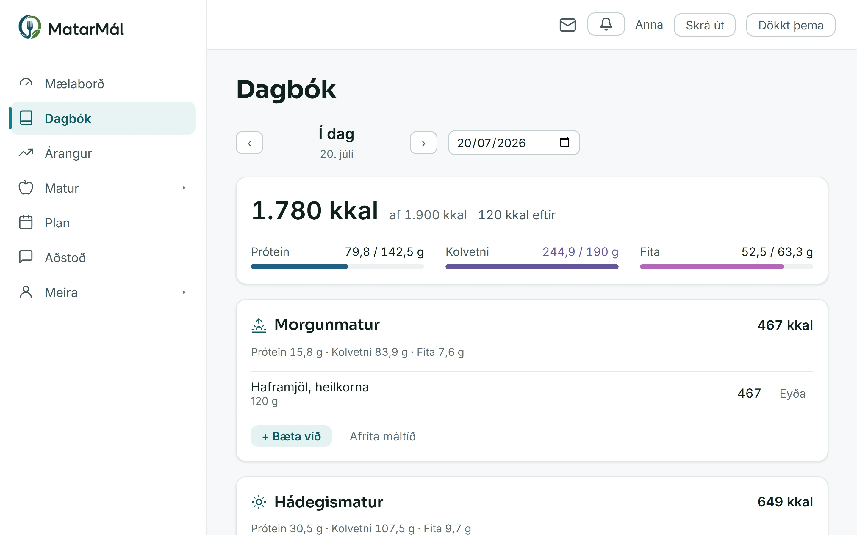 Dagbókin í MatarMál: máltíðir dagsins, vatn og hreyfing